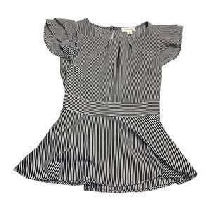 Monteau Blouse Top Girls Small Black White Striped Stretch Flutter Short Sleeve